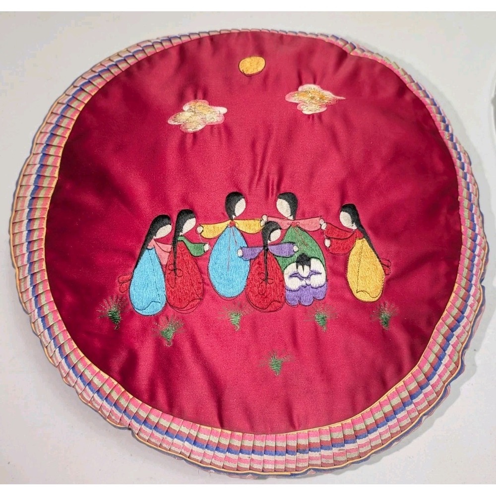 Chinese Embroidered Pillow Case Silk Round Dancing Girls Multi Color